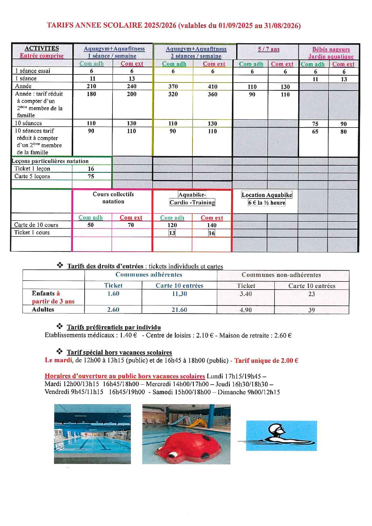 Tarifs piscine 2025/2026