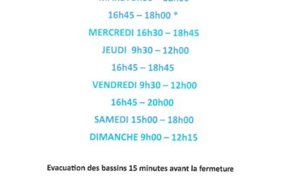 Horaires d’ouverture de la piscine semaine du 30 Juin au 6 Juillet 2025
