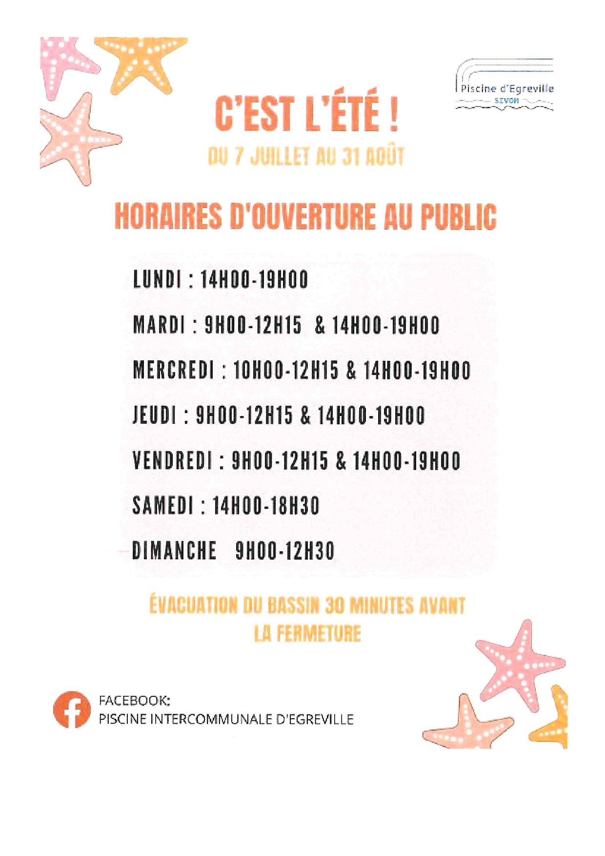 horaires de la piscine (juillet/août)