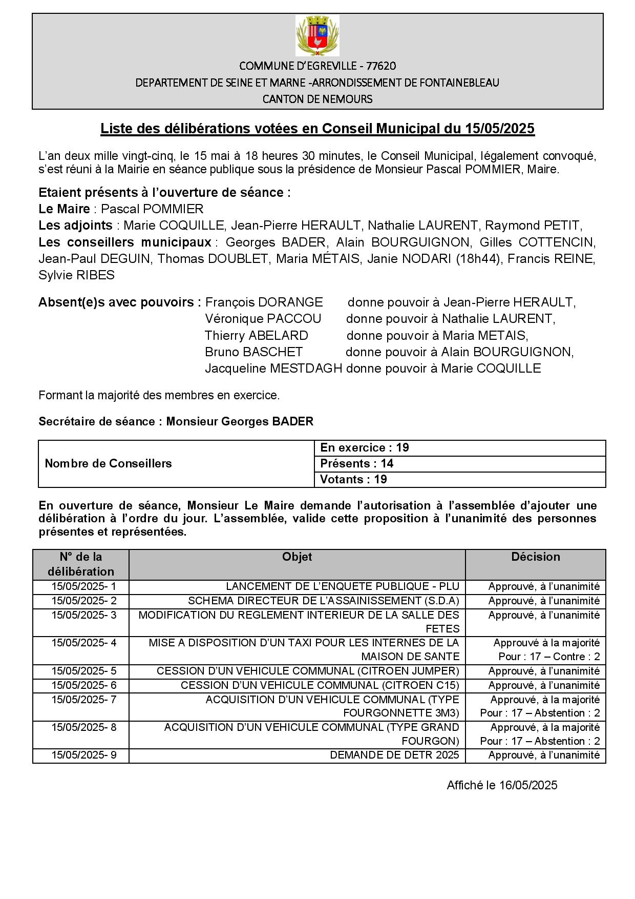 Liste des délibérations Conseil Municipal 15052025