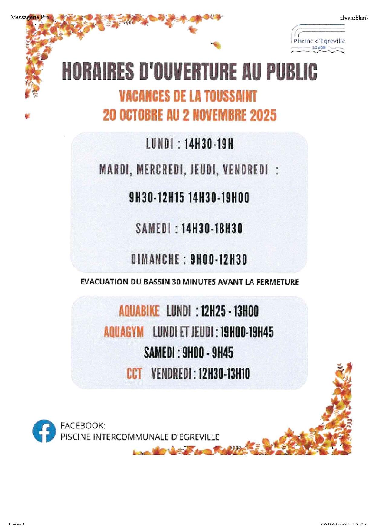 Horaire de la piscine Toussaint