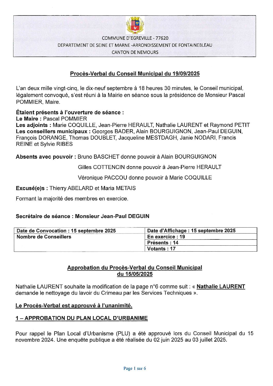 Procès-Verbal du Conseil Municipal du 19 septembre 2025