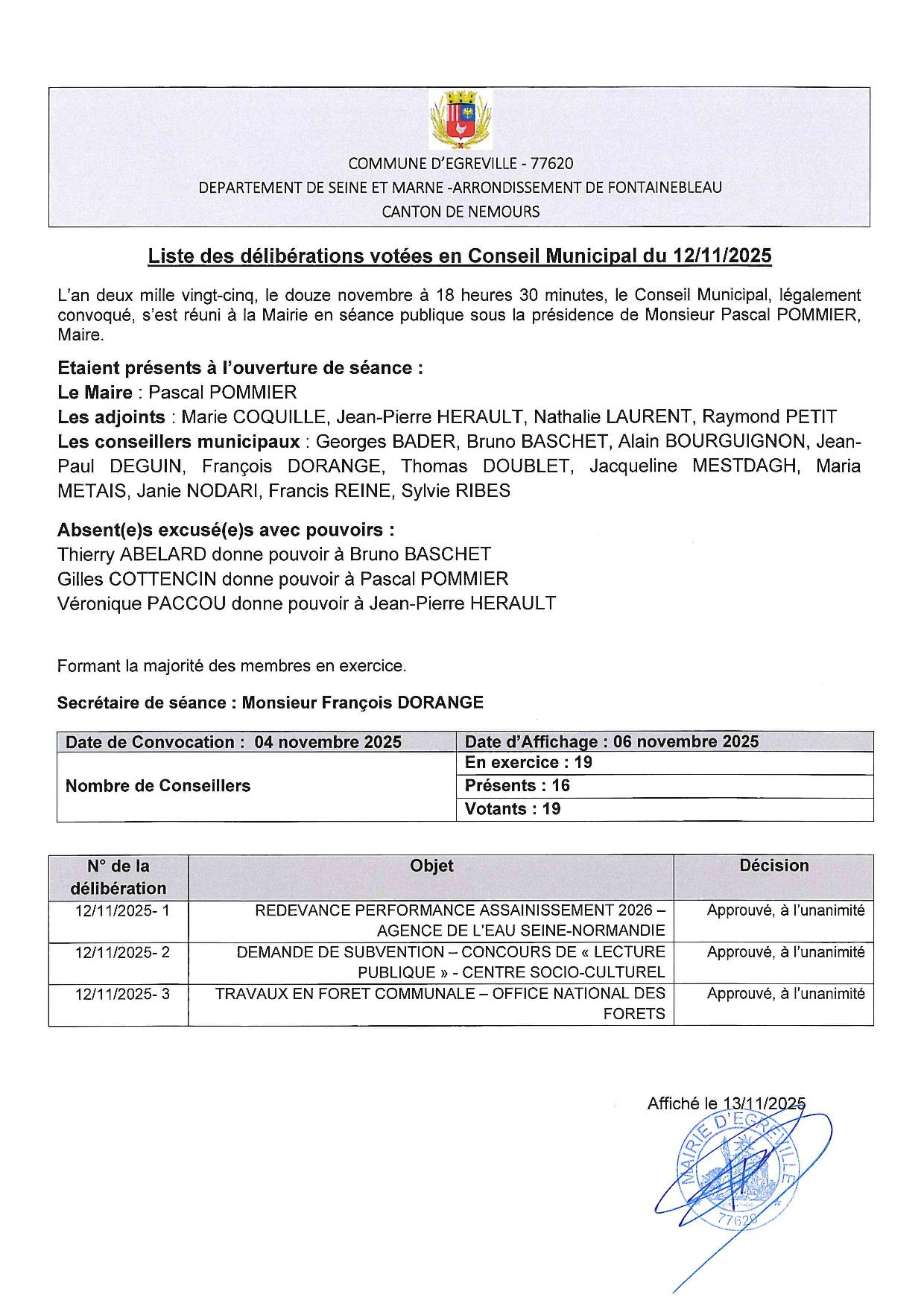 délibérations du 12/11/2025